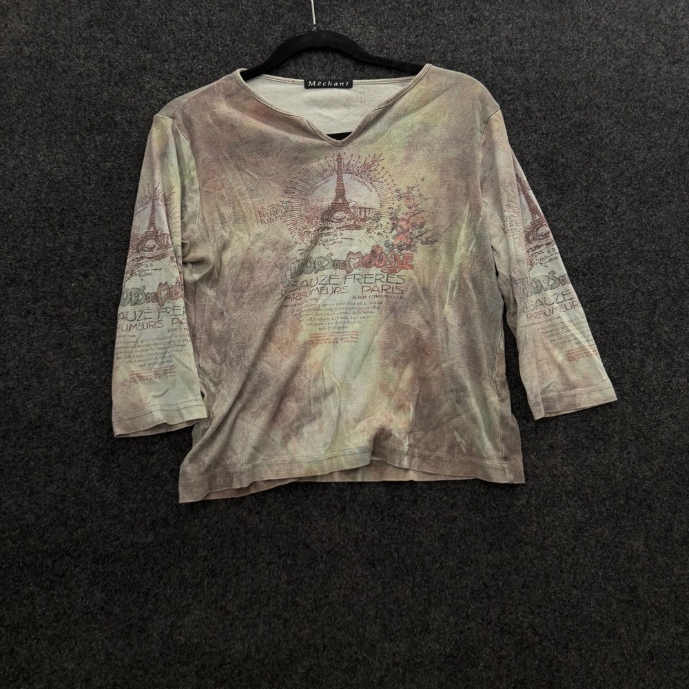 Mechant Vintage Paris Eiffel Tower Graphic Top Earth Tone Tie Dye 3/4 Sleeve L